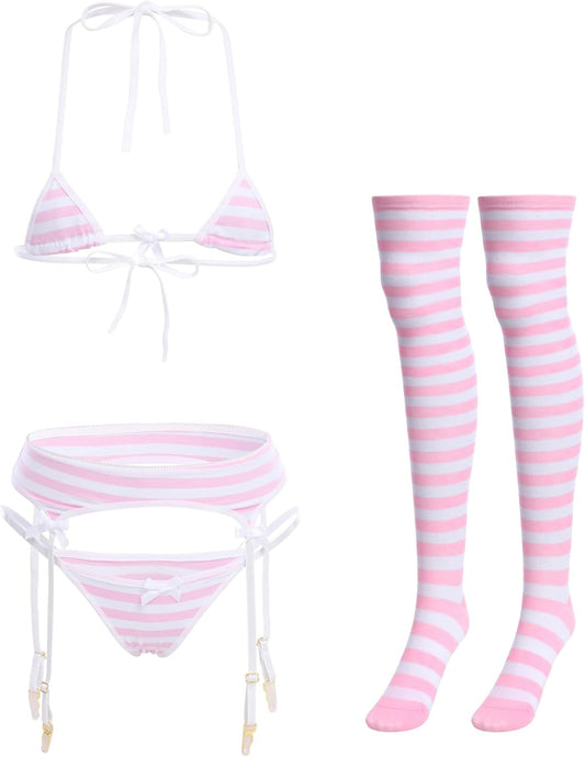 Women Cute Kawaii Anime Lingerie Set Halter Strap Micro Bra Tiny Panty Garter Belt Striped Stockings 4Pcs Underwear
