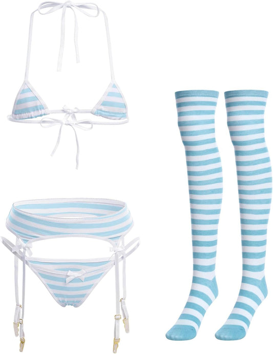 Women Cute Kawaii Anime Lingerie Set Halter Strap Micro Bra Tiny Panty Garter Belt Striped Stockings 4Pcs Underwear