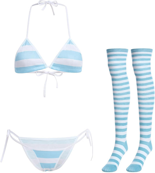 Women Cute Kawaii Anime Lingerie Set Halter Strap Micro Bra Tiny Panty Garter Belt Striped Stockings 4Pcs Underwear
